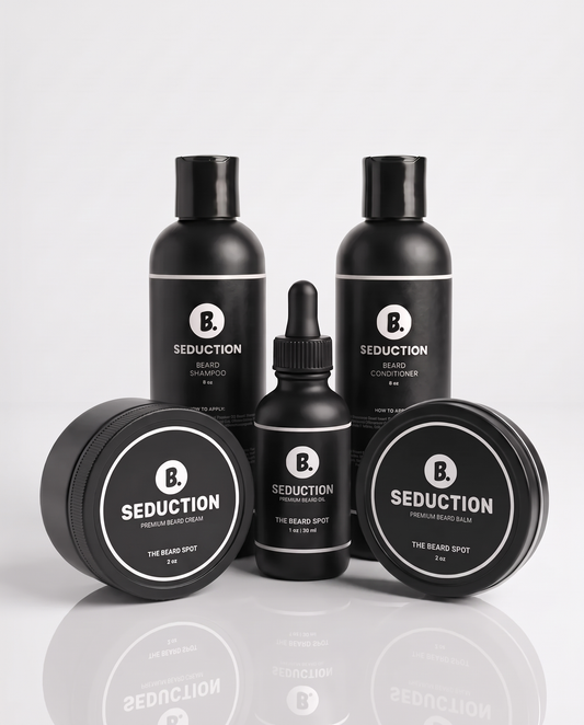 Seduction Daily Confidence Kit by The Beard Spot: beard shampoo, beard conditioner, beard oil, beard cream and beard balm in matte black packaging on a white background.