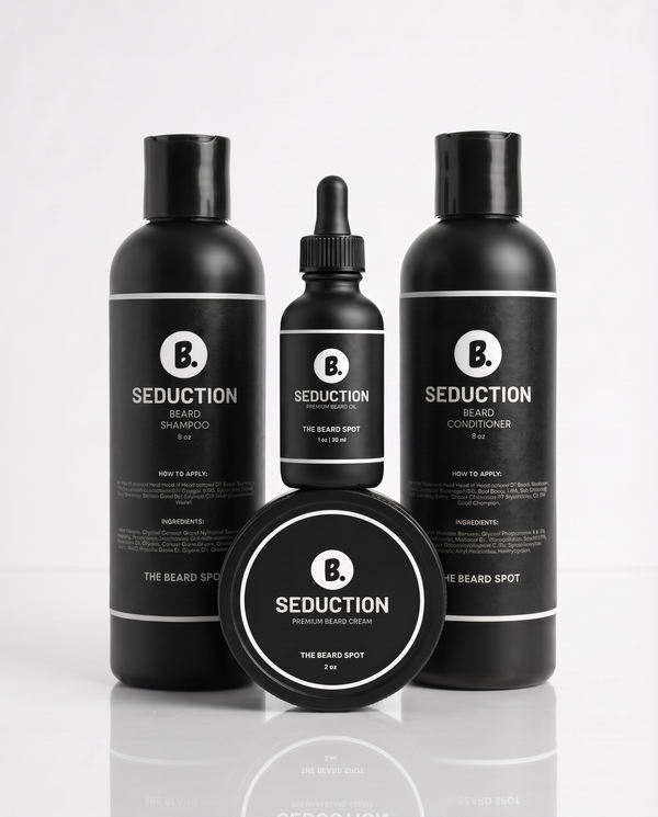 Seduction First Impression Kit by The Beard Spot: beard shampoo, beard conditioner, beard oil and beard cream in matte black packaging on a white background.