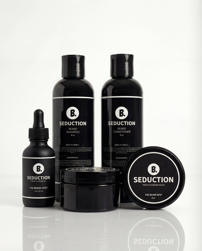 Seduction Daily Confidence Kit with beard oil, cream, balm, shampoo, and conditioner by The Beard Spot