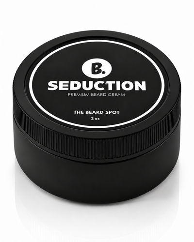The Beard Spot Seduction Premium Beard Cream, 2 oz closed black jar with ribbed lid on a clean studio background.
