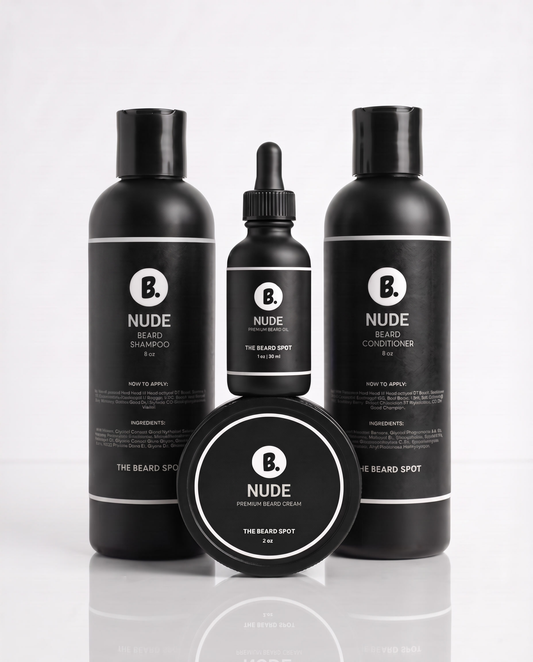 Nude (fragrance-free) First Impression Kit by The Beard Spot: beard shampoo, beard conditioner, beard oil and beard cream in matte black packaging on a white background.
