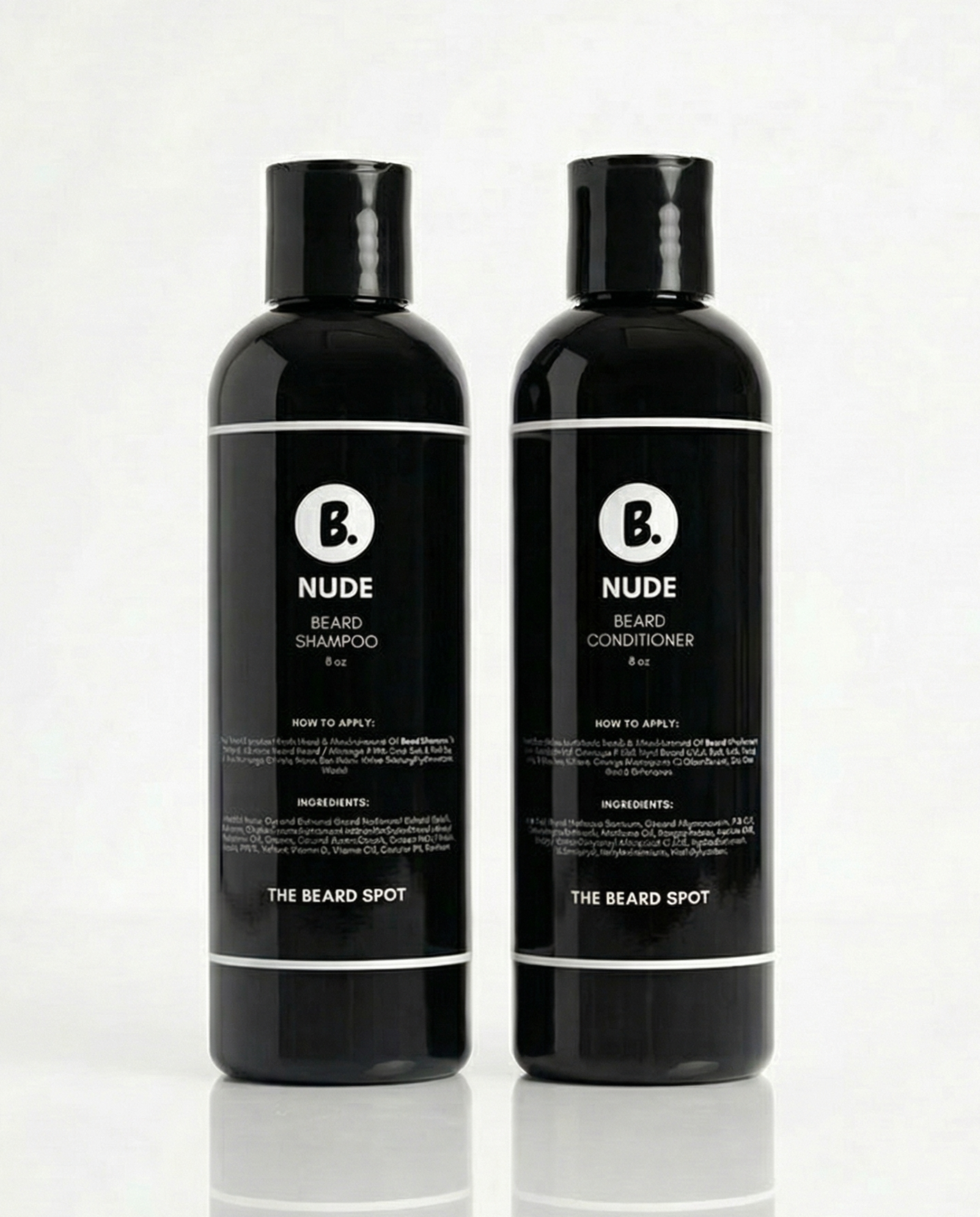 Two black bottles of 'Nude Beard Shampoo' and 'Beard Conditioner' from 'The Beard Spot' on a white background.