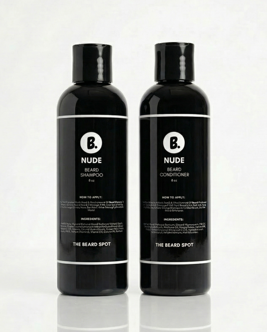 Two black bottles of 'Nude Beard Shampoo' and 'Beard Conditioner' from 'The Beard Spot' on a white background.