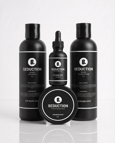 Seduction First Impression Kit by The Beard Spot: beard shampoo, beard conditioner, beard oil and beard cream in matte black packaging on a white background.