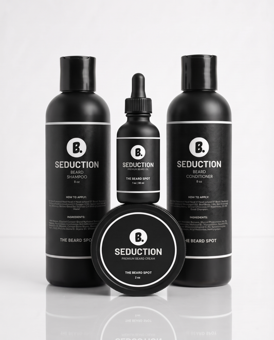 Seduction First Impression Kit by The Beard Spot: beard shampoo, beard conditioner, beard oil and beard cream in matte black packaging on a white background.