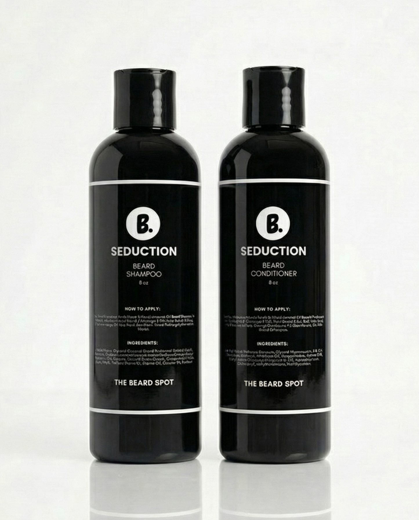 Two bottles of 'Seduction' beard shampoo and conditioner from The Beard Spot on a white background.