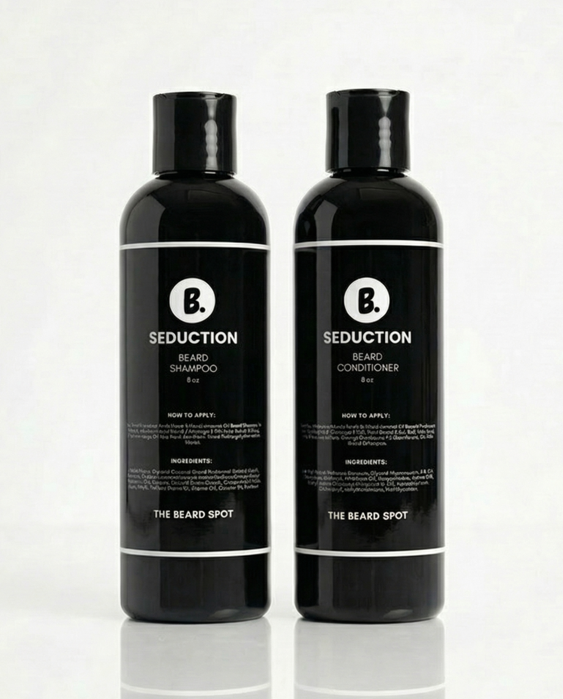 Two bottles of 'Seduction' beard shampoo and conditioner from The Beard Spot on a white background.