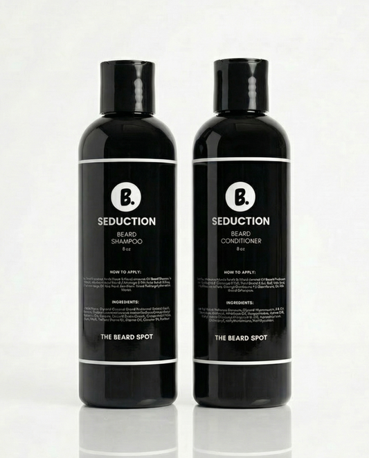 Two bottles of 'Seduction' beard shampoo and conditioner from The Beard Spot on a white background.