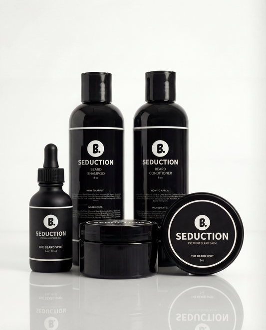 Collection of Seduction beard care products on a white background