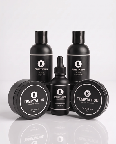 Temptation Daily Confidence Kit by The Beard Spot: beard shampoo, beard conditioner, beard oil, beard cream and beard balm in matte black packaging on a white background.