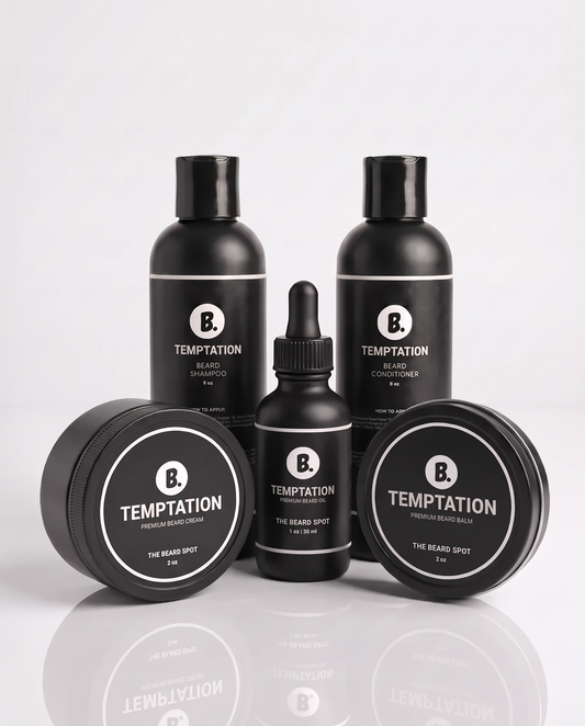 Temptation Daily Confidence Kit by The Beard Spot: beard shampoo, beard conditioner, beard oil, beard cream and beard balm in matte black packaging on a white background.