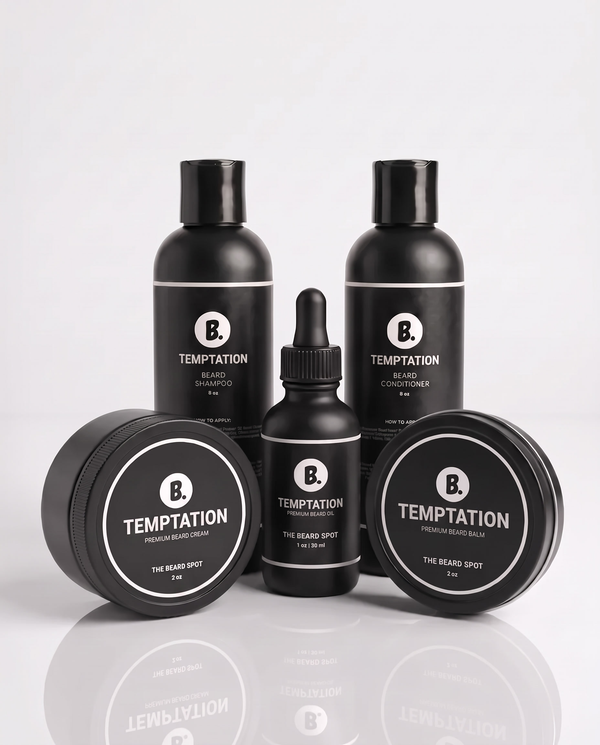 Temptation Daily Confidence Kit by The Beard Spot: beard shampoo, beard conditioner, beard oil, beard cream and beard balm in matte black packaging on a white background.