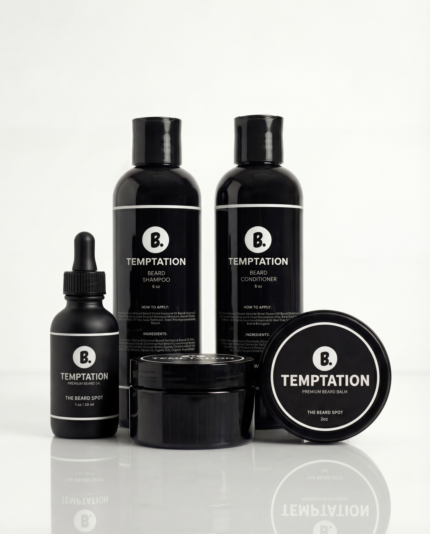 Collection of Temptation beard care products on a white background