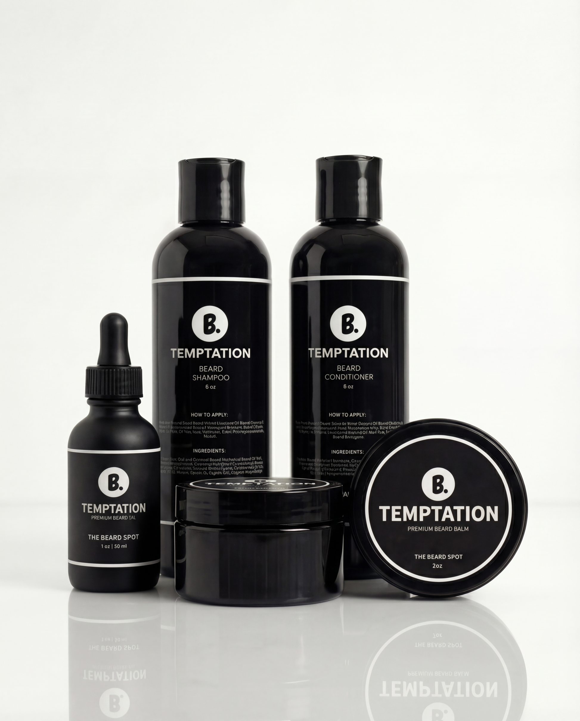Collection of Temptation beard care products on a white background