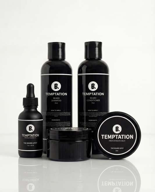 Collection of Temptation beard care products on a white background