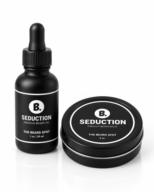 The Beard Spot Seduction Beard Oil & Balm Bundle with a 1 oz dropper bottle and closed 2 oz balm tin.