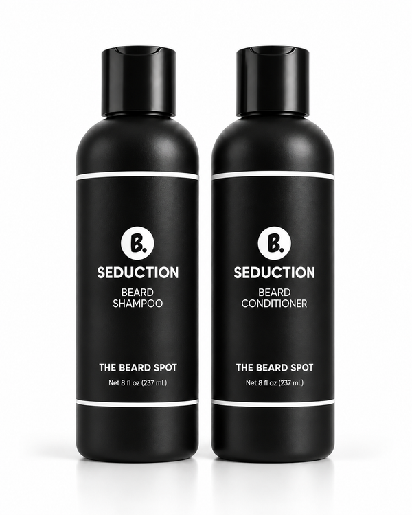 The Beard Spot Seduction Wash Set with 8 oz Beard Shampoo and 8 oz Beard Conditioner in black bottles on a clean studio background.
