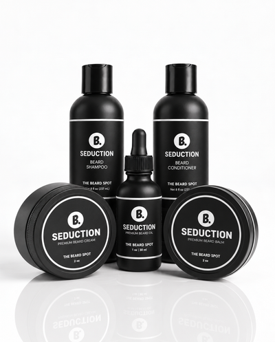 The Beard Spot Daily Confidence Kit in Seduction with beard shampoo, conditioner, oil, cream and balm.