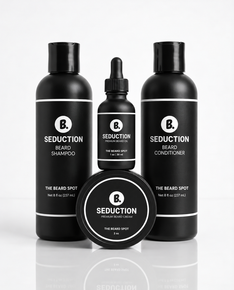 The Beard Spot First Impression Kit in Seduction with beard shampoo, conditioner, oil and cream.