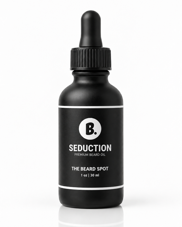 The Beard Spot Seduction Premium Beard Oil, 1 oz | 30 ml black dropper bottle on a clean studio background.